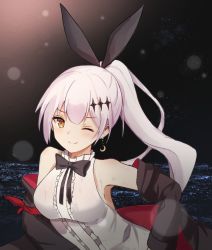 Rule 34 | 1girl, armpits, blush, city lights, cityscape, commentary, earrings, english commentary, eyebrows, five-seven (girls&#039; frontline), frill trim, frills, girls&#039; frontline, hair ornament, highres, jacket, jewelry, lens flare, long hair, looking at viewer, multico, night, night sky, off shoulder, one-eyed, one eye closed, ponytail, ribbon, shirt, sky, sleeveless, sleeveless shirt, smile, solo, star (sky), star (symbol), starry sky, yellow eyes