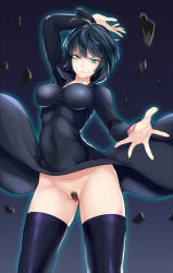 Rule 34 | 1girl, black hair, black thighhighs, clothes lift, covered navel, dress, dress lift, female pubic hair, fubuki (one-punch man), glowing, green eyes, highres, impossible clothes, impossible dress, jilllxlxl, looking at viewer, no panties, one-punch man, pubic hair, pussy, rock, short hair, solo, thighhighs, uncensored