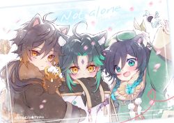 Rule 34 | 3boys, aged down, ahoge, animal ears, arm up, black gloves, black hair, blue hair, blush, braid, brown hair, cat ears, child, closed mouth, covered mouth, dragon, english text, ero pinku, facial mark, feathers, flower, forehead mark, fur-trimmed hood, fur-trimmed sleeves, fur trim, genshin impact, gloves, gradient hair, green eyes, green hair, green headwear, hair between eyes, hat, hood, hood down, hooded jacket, horns, jacket, leaf, long hair, long sleeves, looking at viewer, male focus, multicolored hair, multiple boys, open mouth, parted bangs, petals, pinwheel, ponytail, rex lapis (genshin impact), scarf, simple background, slit pupils, smile, tassel, twin braids, venti (genshin impact), white flower, xiao (genshin impact), yellow eyes, zhongli (genshin impact)