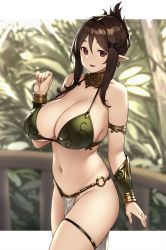 Rule 34 | 1girl, armlet, bare shoulders, bikini, bracer, breasts, brown eyes, brown hair, cleavage, commentary request, cowboy shot, earrings, elf, hair ornament, hand up, highres, houtengeki, jewelry, large breasts, loincloth, looking at viewer, navel, o-ring, o-ring bottom, open mouth, original, outside border, parted lips, pelvic curtain, pointy ears, sidelocks, smile, solo, standing, swimsuit, thigh strap, x hair ornament