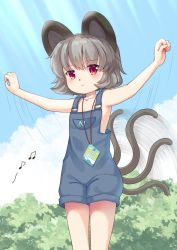 Rule 34 | 1girl, afterimage, animal ears, armpits, cloud, cowboy shot, day, expressionless, grey hair, ink stamp sheet, iris anemone, looking at viewer, motion lines, mouse (animal), mouse ears, mouse tail, musical note, naked overalls, nazrin, outdoors, outstretched arms, overall shorts, overalls, radio exercises, red eyes, serious, short hair, sky, solo, spread arms, tail, tail wagging, touhou