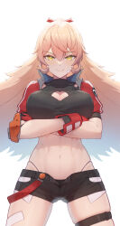 Rule 34 | 1girl, abs, absurdres, bandaid, bandaid on face, black shorts, blonde hair, breasts, cleavage, cleavage cutout, clothing cutout, commentary request, crop top, cropped jacket, crossed arms, elbow pads, fang, gloves, hair between eyes, highres, jacket, large breasts, long hair, looking at viewer, midriff, navel, nijisanji, nui sociere, nui sociere (5th costume), open clothes, open fly, open jacket, red gloves, red jacket, short sleeves, shorts, simple background, single elbow pad, skin fang, smile, solo, stomach, thigh strap, virtual youtuber, white background, yellow eyes, yusayusa56561