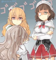 Rule 34 | 10s, 3girls, azuhira, blonde hair, breasts, brown eyes, brown hair, capelet, crossed arms, from behind, frown, glaring, glasses, hat, kantai collection, kneeling, long hair, looking down, medium breasts, multiple girls, one-hour drawing challenge, pince-nez, pleated skirt, pola (kancolle), red skirt, roma (kancolle), shaded face, skirt, sweat, twitter username, wavy hair, zara (kancolle)