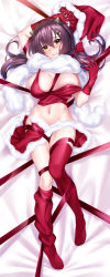 Rule 34 | 1girl, absurdres, azur lane, bed sheet, blush, bow, breasts, brown hair, christmas, commentary request, elbow gloves, full body, fur-trimmed headwear, fur-trimmed skirt, fur trim, gloves, groin, hair between eyes, hair bow, hair ornament, hairclip, hat, unworn hat, unworn headwear, highres, horns, ken ill, knees together feet apart, large breasts, long hair, looking at viewer, low twintails, midriff, nagara (azur lane), navel, off shoulder, on bed, parted lips, red gloves, red ribbon, red tank top, red thighhighs, ribbon, santa hat, skirt, smile, solo, sweat, tank top, thighhighs, thighhighs pull, twintails, wardrobe malfunction, yellow eyes