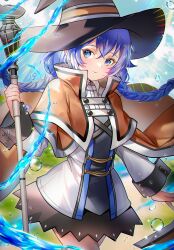 Rule 34 | 1girl, blue eyes, blue hair, braid, brown cape, brown capelet, bubble, cape, capelet, commission, crossed bangs, dress, ekm, emphasis lines, eyelashes, hair between eyes, hat, highres, holding, holding staff, hydrokinesis, long sleeves, looking at viewer, mage staff, mushoku tensei, outdoors, roxy migurdia, skeb commission, smile, solo, staff, twin braids, water, white dress, witch hat