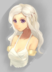 Rule 34 | 1girl, a song of ice and fire, animification, armlet, bare shoulders, blush, breasts, cleavage, daenerys targaryen, dress, game of thrones, long hair, purple eyes, signature, solo, sumtj, upper body, white hair