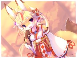 Rule 34 | 1girl, ahoge, animal ear fluff, animal ears, animal nose, bell, blonde hair, cameltoe, commentary request, crunchobar, detached sleeves, fang, fox ears, fox girl, fox tail, furry, furry female, hair ornament, hand to own mouth, haruki no saidai no teki wa risei., highres, japanese clothes, jingle bell, kini (kinosei.), long hair, microskirt, miko, open mouth, panties, ponytail, purple eyes, red skirt, shirt, skirt, sleeves past wrists, smile, solo, tail, thighs, underwear, white panties, white shirt, white sleeves