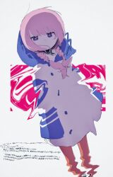 Rule 34 | 1girl, arms at sides, backlighting, blue eyes, blue hood, braid, commentary, distortion, dutch angle, expressionless, feet out of frame, floating hair, hair over mouth, hair over shoulder, half-closed eyes, highres, hood, hood down, hooded jacket, jacket, kaf (kamitsubaki studio), kamitsubaki studio, long hair, long sleeves, looking at viewer, low twin braids, multicolored eyes, orange pantyhose, pantyhose, parted lips, pink hair, red eyes, simple background, sleeves past fingers, sleeves past wrists, solo, symbol-only commentary, takanashi natsuo, translation request, twin braids, virtual youtuber, white background, white jacket, yellow pupils