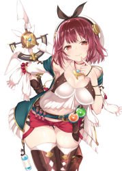 Rule 34 | 1girl, atelier (series), atelier ryza, atelier ryza 1, atelier sophie, baakurou, breasts, brown eyes, brown gloves, brown thighhighs, cleavage, closed mouth, cosplay, covered erect nipples, finger to own chin, gloves, hand on own hip, highres, jewelry, large breasts, legs together, looking at viewer, midriff, navel, necklace, no bra, red hair, red shorts, reisalin stout, reisalin stout (cosplay), short hair, short shorts, shorts, simple background, single glove, smile, solo, sophie neuenmuller, standing, thick thighs, thighhighs, thighs, white background, wide hips