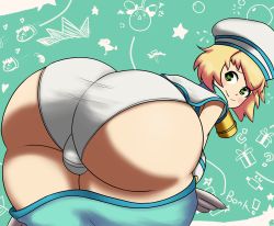 Rule 34 | 1boy, ass, bell, blazblue, blonde hair, blush, bulge, clothes pull, embarrassed, from behind, green eyes, hat, highres, huge ass, imstupid13, leaning, leaning forward, looking at viewer, looking back, open mouth, panties, platinum the trinity, sena (blazblue), shiny skin, short hair, shorts, shorts pull, smile, solo, thick thighs, thighs, trap, underwear