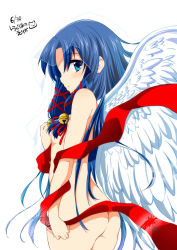 Rule 34 | 00s, 1girl, air (visual novel), angel wings, arm at side, artist name, ass, bell, blue eyes, blue hair, breasts, convenient censoring, cowboy shot, dated, feathered wings, hair bell, hair censor, hair ornament, hair over breasts, hair ribbon, jingle bell, kannabi no mikoto, leaf print, long hair, looking back, matching hair/eyes, nude, ragho no erika, red ribbon, ribbon, see-through, shawl, simple background, small breasts, solo, veil, very long hair, white background, white wings, wings