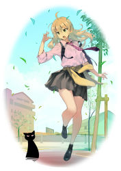 Rule 34 | 1girl, ankle socks, black socks, blonde hair, blush, building, cat, clothes around waist, facing viewer, full body, green eyes, highres, leaf, long hair, necktie, open mouth, original, pleated skirt, school uniform, skirt, sleeves rolled up, socks, solo, sweater, sweater around waist, twinpoo, wind