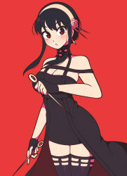 Rule 34 | 1girl, :o, absurdres, bare shoulders, black dress, black gloves, black hair, black thighhighs, blush, breasts, cleavage, cowboy shot, dagger, dress, dual wielding, earrings, fingerless gloves, flower, gloves, hair flower, hair ornament, hairband, hand up, highres, holding, holding dagger, holding knife, holding weapon, jeff miga, jewelry, knife, large breasts, legs together, long hair, looking at viewer, parted lips, red background, red eyes, short hair with long locks, sidelocks, simple background, solo, spy x family, standing, stiletto (weapon), thighhighs, two-sided dress, two-sided fabric, weapon, white flower, white hairband, yor briar