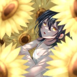 Rule 34 | 1girl, black hair, breasts, cleavage, flower, highres, knees up, long hair, looking to the side, looking up, open mouth, original, sitting, solo, sunflower, suzuko (suzukosz), tank top, yellow eyes