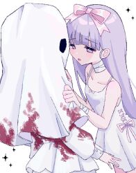 Rule 34 | 1girl, 1other, bandaged neck, bandages, bare arms, bare shoulders, blood, blood on clothes, blunt bangs, blush, bow, collarbone, commentary request, cross-laced clothes, cross-laced dress, dress, facing another, ghost costume, grabbing, hair ribbon, highres, long hair, long sleeves, looking at another, open mouth, original, pink bow, pink ribbon, puffy long sleeves, puffy sleeves, purple eyes, purple hair, ribbon, shizumu (shi zumu), short dress, simple background, sparkle, standing, white background, white dress