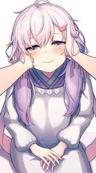 Rule 34 | 1girl, amekaze yukinatsu, apron, blush, commentary request, hair between eyes, hair ornament, hair ribbon, hairclip, half-closed eyes, hands on another&#039;s head, highres, kappougi, kappougi yukari, long sleeves, low twintails, purple eyes, purple hair, ribbon, short hair with long locks, sitting, smile, solo focus, tagme, traditional clothes, twintails, vocaloid, voiceroid, yuzuki yukari