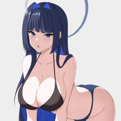 Rule 34 | 1girl, ass, bare shoulders, bikini, blue eyes, blue hair, breasts, cleavage, hanging breasts, highres, hololive, hololive english, large breasts, leaning forward, long hair, ouro kronii, shy, solo, stomach, swimsuit, virtual youtuber, zeropen