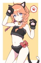 Rule 34 | 1girl, ahoge, animal ears, animal hands, bandeau, bare arms, bare shoulders, bell, black panties, border, bow, braid, cat ears, cat paws, cat tail, collar, commentary request, cowboy shot, dot nose, fake animal ears, fake tail, flat chest, hairband, highres, long hair, looking at viewer, midriff, navel, neck bell, onigiri noe, orange hair, outside border, panties, parted lips, princess connect!, purple eyes, red bow, solo, spoken paw, tail, twin braids, underwear, white border, yuni (princess connect!)