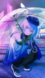 Rule 34 | 1boy, androgynous, arknights, bishounen, blue gloves, blue hair, city, city lights, gloves, hat, highres, looking at viewer, male focus, maple linf, mizuki (arknights), neon lights, outdoors, purple eyes, short hair, solo, squatting, transparent, transparent umbrella, twintails, umbrella