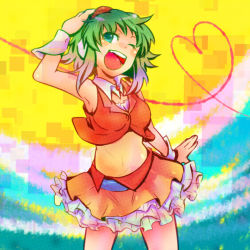 Rule 34 | 1girl, bad id, bad pixiv id, boots, goggles, goggles on head, green eyes, green hair, gumi, headphones, headset, matching hair/eyes, midriff, one eye closed, pettan (satm), see-through, short hair, smile, solo, vocaloid, wink, wrist cuffs