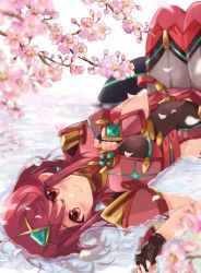Rule 34 | 1girl, black gloves, bob cut, breasts, cherry blossoms, chest jewel, earrings, fingerless gloves, gloves, jewelry, konoha2014, large breasts, leggings, leggings under shorts, nintendo, pyra (xenoblade), red eyes, red hair, red shorts, red thighhighs, short hair, short shorts, shorts, solo, super smash bros., swept bangs, thighhighs, tiara, xenoblade chronicles (series), xenoblade chronicles 2