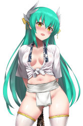 Rule 34 | 1girl, arms behind back, blush, breasts, cleavage, fate/grand order, fate (series), fundoshi, green hair, highres, horns, japanese clothes, kiyohime (fate), looking at viewer, medium breasts, midriff, mizu happi, navel, open mouth, pelvic curtain, rope, shimenawa, simple background, solo, tango (tn500), thighhighs, white background, white thighhighs, yellow eyes