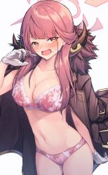 Rule 34 | 1girl, aru (blue archive), blue archive, blunt bangs, blush, bra, breasts, brown coat, cleavage, coat, coat on shoulders, commentary request, cowboy shot, embarrassed, floral print, fur-trimmed coat, fur trim, gloves, halo, hand up, hetaren (ramark), highres, horns, large breasts, lingerie, long hair, looking at viewer, open mouth, orange eyes, panties, pink bra, pink hair, pink panties, print bra, print panties, simple background, solo, sweat, underwear, v-shaped eyebrows, white background, white gloves