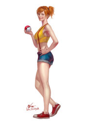 Rule 34 | 1girl, artist name, bare shoulders, breasts, creatures (company), crop top, denim, denim shorts, from side, full body, game freak, hand on own hip, holding, holding poke ball, in-hyuk lee, inhyuk lee, looking at viewer, midriff, misty (pokemon), nintendo, no socks, orange hair, parted lips, poke ball, pokemon, ponytail, realistic, red footwear, shirt, shoes, short hair, short ponytail, short shorts, shorts, side ponytail, simple background, sleeveless, sleeveless shirt, smile, sneakers, solo, standing, suspenders, tank top, white background, wide ponytail, yellow shirt