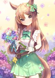 Rule 34 | 1girl, animal ears, aqua flower, artist name, belt, black belt, bouquet, bow, bowtie, brown eyes, brown hair, closed mouth, commentary, cowboy shot, day, ear bow, ear ribbon, falling flower, flower, frilled shirt, frills, gloves, green bow, green bowtie, green ribbon, green skirt, hair ornament, hairclip, harunohotaru, highres, holding, holding bouquet, horse ears, horse girl, horse tail, long hair, looking at viewer, mejiro dober (umamusume), miniskirt, outdoors, petals, pink flower, pleated skirt, pouch, purple eyes, purple flower, ribbon, shirt, signature, skirt, sleeveless, sleeveless shirt, smile, solo, standing, suspender skirt, suspenders, tail, umamusume, white flower, white gloves, white shirt, wing collar