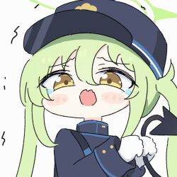 Rule 34 | 1girl, animated, animated gif, blue archive, blush stickers, chibi, commentary, demon tail, fangs, furrowed brow, gloves, green hair, green halo, hair between eyes, halo, hands up, hat, high collar, holding own tail, jacket, long hair, long sleeves, looking at viewer, motion lines, no nose, nozomi (blue archive), open mouth, raised eyebrows, sidelocks, skin fangs, solo, tail, tearing up, trembling, twintails, umihio, white gloves