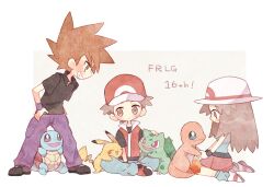 Rule 34 | 1girl, 2boys, anniversary, arms up, baseball cap, black footwear, black shirt, black wristband, blue eyes, blue oak, blue pants, blue shirt, blue socks, bright pupils, brown eyes, brown hair, bulbasaur, charmander, chibi, closed eyes, collared shirt, copyright name, creatures (company), expressionless, fangs, flame-tipped tail, full body, game freak, gen 1 pokemon, grey background, grin, hand on lap, happy, hat, high collar, jacket, kneeling, leaf (pokemon), leaning forward, long hair, looking down, looking up, mgomurainu, multiple boys, nintendo, open mouth, pants, pikachu, pokemon, pokemon (creature), pokemon frlg, purple pants, purple wristband, red (pokemon), red eyes, red footwear, red headwear, red skirt, red vest, shirt, shoes, short hair, short sleeves, sitting, skirt, sleeveless, sleeveless shirt, smile, socks, spiked hair, squirtle, standing, turtle, vest, white headwear, wristband