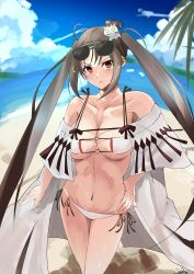 Rule 34 | 1girl, absurdres, bad id, bad twitter id, bare shoulders, beach, bikini, blue sky, blush, breasts, brown eyes, brown hair, cleavage, closed mouth, collarbone, day, earrings, eyewear on head, fate/grand order, fate (series), hair ornament, hand on own hip, highres, jewelry, kasumi saika, long hair, looking at viewer, medium breasts, multiple earrings, navel, open clothes, outdoors, palm tree, robe, shore, sky, sunglasses, swimsuit, thighs, tree, twintails, very long hair, white bikini, yu mei-ren (fate), yu mei-ren (swimsuit lancer) (fate)