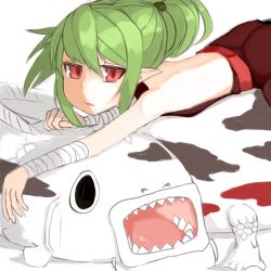 Rule 34 | 1girl, arm up, backless outfit, bandaged arm, bandages, bare shoulders, black eyes, female focus, flat chest, green hair, hair tie, half-closed eyes, hand up, highres, lizard, looking at viewer, looking to the side, lying, nakanun, on stomach, open mouth, original, pointy ears, ponytail, red eyes, sharp teeth, simple background, teeth, white background