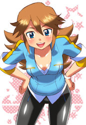 Rule 34 | 1girl, blue eyes, brown hair, female focus, freckles, happy, hikari (mitsu honey), leaning forward, long hair, looking at viewer, monsuno, open mouth, pantyhose, simple background, smile, solo, vicky (monsuno)