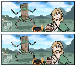 Rule 34 | 1boy, 2koma, :|, archaic set (zelda), asymmetrical clothes, blue sky, body markings, cake, closed mouth, comic, cooking, food, gameplay mechanics, grass, green tunic, hair down, hill, holding, holding cake, holding food, icarly, link, medium hair, nintendo, phallic symbol, pointy ears, shoulder tattoo, sidelocks, single bare shoulder, sky, tattoo, the legend of zelda, the legend of zelda: tears of the kingdom, vinnie cha, zonai device