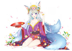 Rule 34 | 00s, 1girl, animal ears, bare legs, bare shoulders, breasts, cleavage, fang, flower, fox ears, fox tail, hair ornament, hand up, headdress, japanese clothes, kimi ga nozomu eien, kimono, long hair, medium breasts, mitsuki (p&amp;d), mo (k40633), multiple tails, open mouth, petals, purple eyes, puzzle &amp; dragons, sakazuki, sarashi, silver hair, sitting, slit pupils, solo, tail, wariza, white background