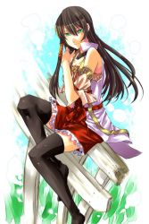 Rule 34 | 1girl, aya (infinite undiscovery), black hair, female focus, green eyes, infinite undiscovery, long hair, nature, outdoors, plant, sitting, sky, smile, solo, thighhighs