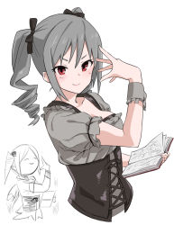 Rule 34 | 1girl, black bow, blush, book, bow, breasts, closed mouth, dress, drill hair, grey dress, grey hair, hair bow, hand up, highres, holding, holding book, idolmaster, idolmaster cinderella girls, kanzaki ranko, large breasts, muchi maro, open book, puffy short sleeves, puffy sleeves, red eyes, short sleeves, simple background, smile, solo, twin drills, underbust, white background