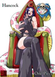 Rule 34 | 1girl, alternate costume, black eyes, black hair, boa hancock, breasts, female focus, goth fashion, highres, large breasts, latex suit, lipstick, long hair, looking away, makeup, mature female, muscular arms, one piece, salome (one piece), snake, solo, throne