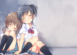 Rule 34 | 2girls, black hair, bow, bowtie, brown hair, ech, closed eyes, interlocked fingers, multiple girls, original, own hands clasped, own hands together, short hair, sitting, sleeping, smile, sweater vest