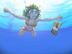 Rule 34 | 1girl, air bubble, album, album art, album cover, album cover redraw, banknote, barefoot, bikini, breasts, bubble, cleavage, commentary, cover, crab, cyan eyes, derivative work, fish hook, fishing hook, goggles, goggles on head, green hair, gumi, gumi (ai megpoid), medium breasts, money, navel, nevermind, nirvana (band), orange bikini, parody, short hair, swimming, swimsuit, underwater, vocaloid, water