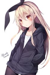 Rule 34 | 1girl, alternate costume, black jacket, black pantyhose, blonde hair, commentary request, flat chest, grey eyes, hands in pockets, highres, jacket, kantai collection, long hair, one-hour drawing challenge, pantyhose, shimakaze (kancolle), shirt, simple background, solo, tateishi kureha, twitter username, white background, white shirt