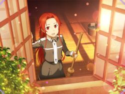 Rule 34 | 1girl, :d, broom, collared shirt, day, from outside, game cg, grey shirt, grey skirt, hair intakes, holding, holding broom, lens flare, long hair, long sleeves, open mouth, red eyes, red hair, shirt, skirt, smile, solo, standing, straight hair, sword art online, sword art online: alicization, sword art online: alicization rising steel, sword art online: unleashed blading, tiese schtrinen, very long hair, wing collar