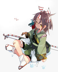 Rule 34 | 10s, 1girl, archery, blush, bow (weapon), cat, gloves, hairband, imperial japanese navy, kantai collection, kyuudou, muneate, partially fingerless gloves, partly fingerless gloves, ponytail, quill, sandals, shorts, single glove, sitting, solo, taneda yuuta, weapon, yellow eyes, yugake, zuihou (kancolle)
