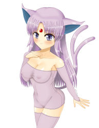 Rule 34 | 1girl, absurdres, animal ears, artist request, bare shoulders, blue eyes, blush, breasts, bridal gauntlets, cleavage, covered erect nipples, creatures (company), espeon, female focus, forehead jewel, game freak, gen 2 pokemon, highres, large breasts, light purple hair, long hair, nintendo, nipples, personification, pokemon, purple eyes, purple hair, purple thighhighs, see-through, simple background, skin tight, smile, solo, strapless, thighhighs