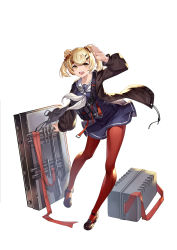 Rule 34 | 1girl, arknights, backlighting, black jacket, blonde hair, blue dress, double bun, dress, eyes visible through hair, full body, gummy (arknights), hair bun, head tilt, highres, holding, holding shield, jacket, long sleeves, looking at viewer, mary janes, open mouth, pantyhose, red pantyhose, sailor collar, salute, shield, shoes, short hair, shoulder strap, sidelocks, simple background, smile, solo, white background, white sailor collar, wind, wind lift, yellow eyes, yin lan xue