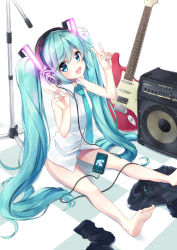 Rule 34 | 1girl, amplifier, aqua eyes, aqua hair, barefoot, checkered floor, digital media player, double v, electric guitar, guitar, hatsune miku, headphones, instrument, long hair, looking at viewer, mk82 (hoonsyh), necktie, no pants, open mouth, panties, sitting, solo, striped clothes, striped panties, twintails, underwear, v, very long hair, vocaloid, white background