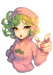 Rule 34 | 10s, 1girl, alternate costume, bad id, bad pixiv id, cheong ha, chestnut mouth, flipped hair, green eyes, green hair, hand in pocket, hood, hoodie, looking at viewer, matching hair/eyes, one-punch man, open mouth, osomatsu-san, pointing, simple background, solo, tatsumaki, teeth, upper body, white background, yellow eyes