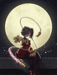 Rule 34 | absurdres, animal ears, blue hair, blue skin, cat ears, chinese zodiac, colored skin, detached collar, detached sleeves, dress, facial mark, fake animal ears, full moon, hair over one eye, highres, leviathan (skullgirls), moon, new year, night, outstretched hand, rank alee, red eyes, side ponytail, sitting, skeletal arm, skullgirls, smile, squigly (skullgirls), stitched mouth, stitches, striped sleeves, whisker markings, year of the tiger