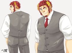 Rule 34 | 1boy, ass, bara, blush, claude (housamo), facial hair, formal, from behind, gakei3, goatee, grey vest, laurel crown, long sideburns, male focus, mature male, multiple views, muscular, muscular male, necktie, pectorals, red hair, short hair, sideburns, smile, thick eyebrows, tokyo houkago summoners, vest